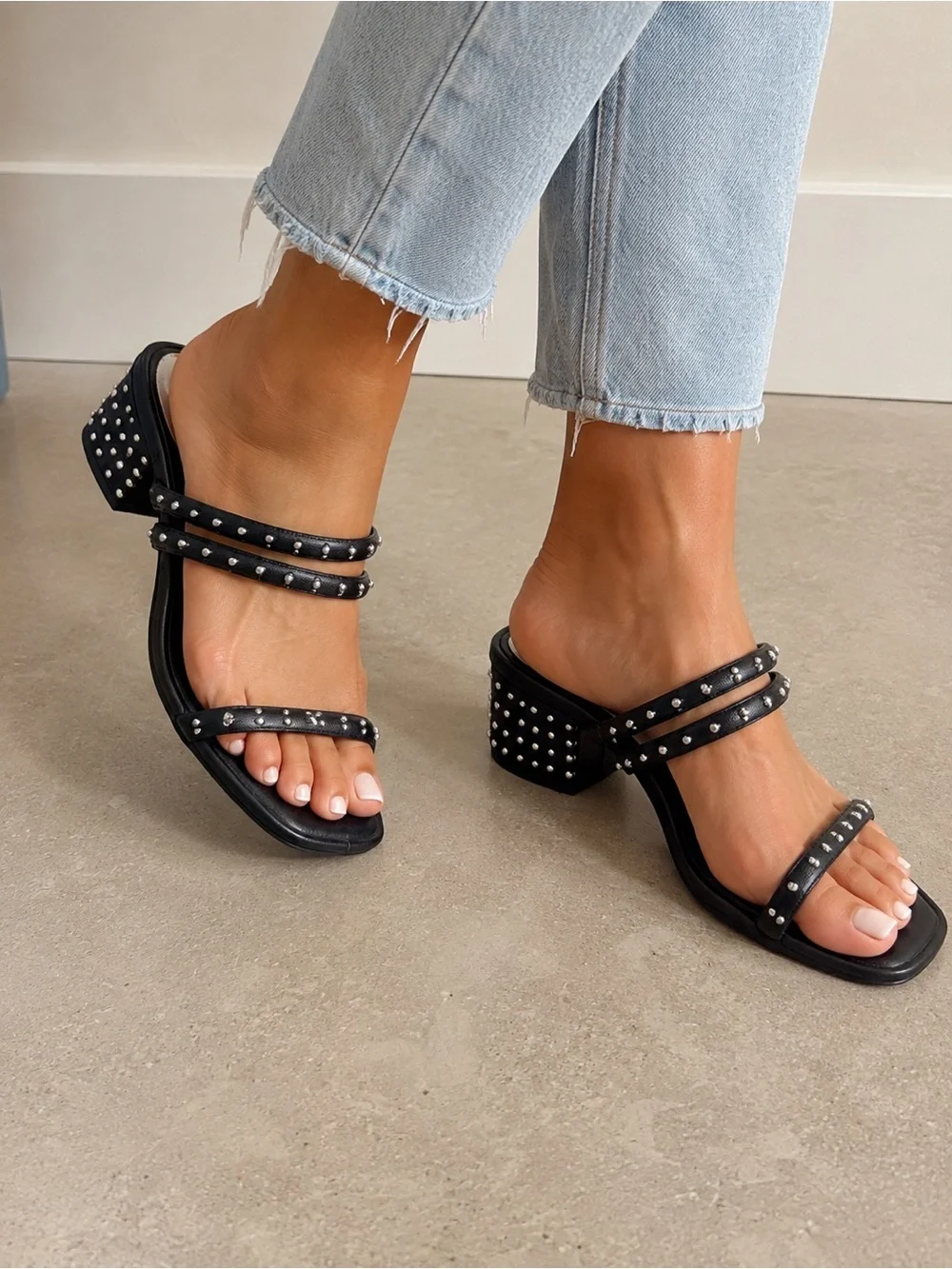 Dolce Vita Black Studded Triple-Strap Block Heel Slides
